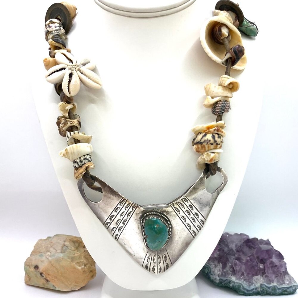 Gorget Native American Coastal Indian Silver Turquoise Shells Necklace